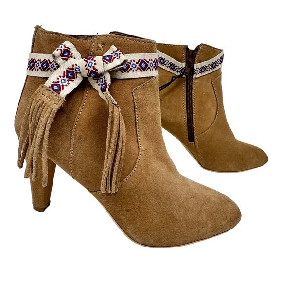 High Heel Fringe Ankle Booties Womens SZ 7.5 Brown Suede Boho Western Cowgirl - Picture 1 of 11